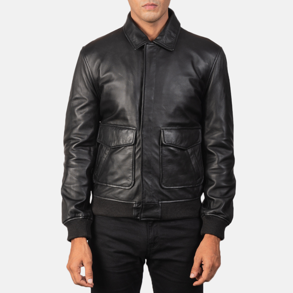 Black Leather Flight Jacket with Covered Zip and Flap Pockets